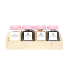 方型雜糧收納罐 粉蓋 4入+木頭收納盒+標籤貼紙 20款