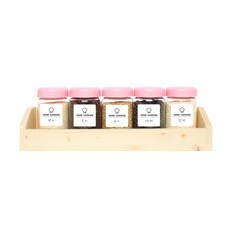 圓型雜糧收納罐 粉蓋 5入+木頭收納盒+標籤貼紙 20款