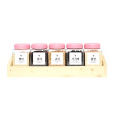 方型雜糧收納罐 粉蓋 5入+木頭收納盒+標籤貼紙 20款