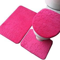 ANTS 簡約壓花馬桶蓋套+馬桶地墊+地墊, 花酒紅, 1套