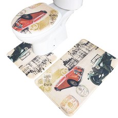 ANTS 法蘭絨馬桶蓋套+馬桶地墊+地墊, 復古車, 1套