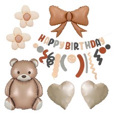PARTYSHOW 銀箔氣球 毛氈掛旗 棕色 奶油色 熊寶寶 自然風 雛菊 象牙白 緞帶 棕色 45公分愛心拿鐵 套組, 1套, 混合色