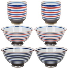 Nishonihon 瓷器 6p 空氣服務套組 2 人, 飯碗 2入+大碗 2入+杯子 2入, 橫條紋