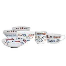 兒童火車印花餐具6件組, 混色, 飯碗+湯碗+烏龍麵碗+橢圓碗+湯杯+馬克杯