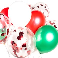 派對5彩亮片氣球 聖誕快樂 30入+絲帶 50m+海綿圓貼片 50入, 銀心紅, 1套