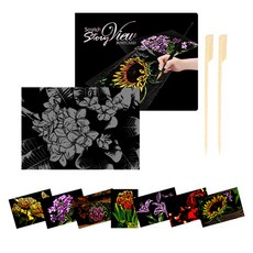Scratch Story View Spiel 圖畫 DIY 8入 + 畫板夾 + 刮畫棒 2入 套組, 花朵系列, 1個