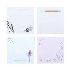 TokTok Fancy 感性方塊便條紙 4款組合, 鉛筆插畫, 鋼筆與墨水, 飄落的粉色葉子, 粉色大理花, 1套