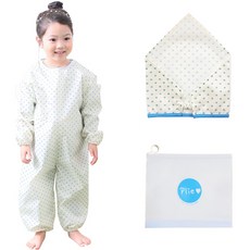 Plie 孩童花紋防水連身衣+頭巾+拉鍊袋組, 乳白色(天藍色愛心款)