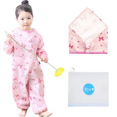 Plie 孩童連身畫畫衣+頭巾, 粉色緞帶款