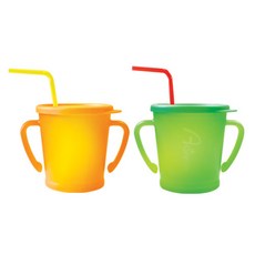 AGAFURA Magic系列雙耳防漏吸管杯, 橘色+綠色, 300ml, 2個