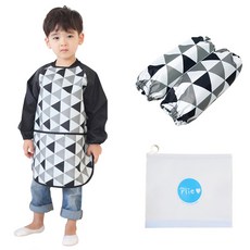 Plie 孩童黑灰色3角形印花長袖圍裙+袖套+夾鏈收納袋
