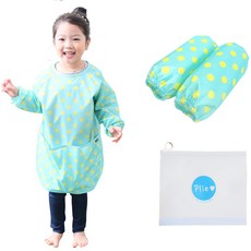 Plie 孩童藍底黃圓點長袖圍裙+袖套+夾鏈袋