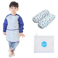 Plie 孩童藍色草莓長袖圍裙+袖套+夾鏈收納袋