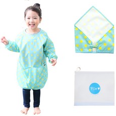 Plie 孩童藍底黃圓點長袖圍裙+頭巾+夾鏈收納袋