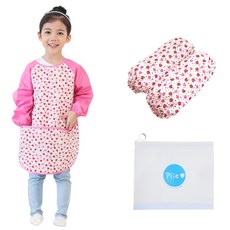 Plie 孩童粉色草莓長袖圍裙+袖套+夾鏈收納袋