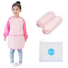 Plie 孩童粉綠圓點長袖圍裙+袖套+夾鏈收納袋