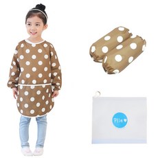 Plie 孩童棕色圓點印花長袖圍裙+袖套+夾鏈收納袋