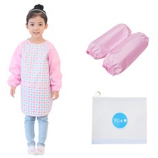 Plie 孩童格紋印花長袖圍裙 粉色+袖套+夾鏈收納袋