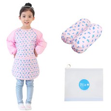 Plie 孩童狗狗圖案長袖圍裙 粉色+袖套+夾鏈收納袋