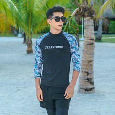 VENDIS 男款樹葉印花長袖防曬泳衣+假兩件式緊身泳褲套裝