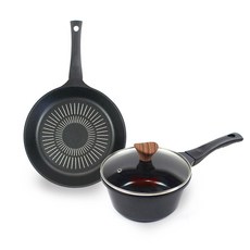 Kitchen-Art Premium Black Wood系列陶瓷塗層鍋具 2入組, 混色(單柄鍋)+粉紅色(平底鍋), 單柄鍋18cm+平底鍋28cm, 1組