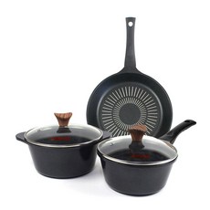 Kitchen-Art Premium Black Wood系列陶瓷塗層鍋具 3入組, 混色(單柄鍋)+粉紅色(平底鍋), 單柄鍋18cm+雙耳鍋20cm+平底鍋28cm