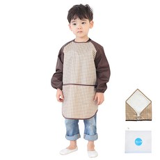 Plie 孩童格紋長袖圍裙+頭巾+拉鍊袋組, 棕色