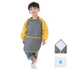 Plie 孩童格紋長袖圍裙+頭巾+拉鍊袋組, 黑色