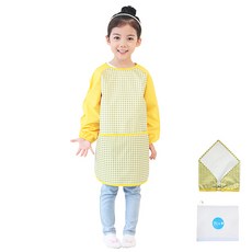 Plie 孩童格紋長袖圍裙+頭巾+拉鍊袋組, 綠色