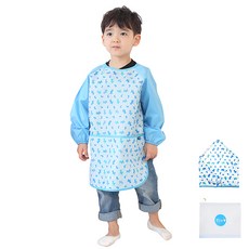 Plie 孩童小狗印花藝術圍裙+頭巾組, 天藍色