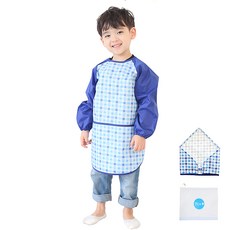 Plie 孩童格紋長袖圍裙+頭巾+拉鍊袋組, 藍色
