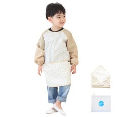 Plie 孩童米色星星圖案長袖圍裙+頭巾+拉鍊袋組, 白色