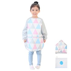 Plie 孩童粉色3角印花藝術圍裙+頭巾, 藍粉相間三角形款