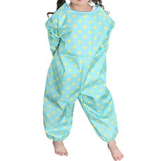 Plie 孩童連身畫畫衣+頭巾, 薄荷綠(黃色圓點款)