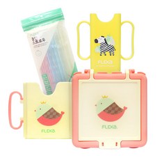 FLEXA 動物印花輔助杯架+迷你雙把手飲料架+粉色小鳥印花收納盒+吸管 60入, 混色, 1組