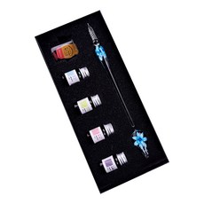 迷你玉石水晶玻璃筆 天空藍 & 筆座 墨水 4件組, 混合顏色