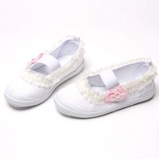 Narin Kids 白色蕾絲粉紅珍珠蝴蝶結白色鞋頭棉質室內拖鞋