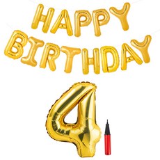 PartyPang 鋁箔氣球 HAPPY BIRTHDAY + 大號數字氣球 4 + 手動打氣筒 隨機出貨組合, 金色, 1套