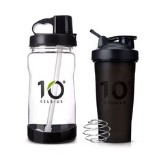 10º CELSIUS 攪拌瓶 600ml + 吸管水瓶 1L, 黑色的