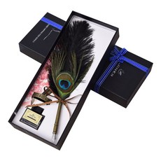 Minittine 迷你玉石孔雀羽毛鋼筆墨水筆座禮物包裝組, 黑色