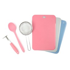 2deco 副食品烹飪專用工具組, 粉色, 濾渣器+攪拌匙+切菜板3入+搗碎器, 1組
