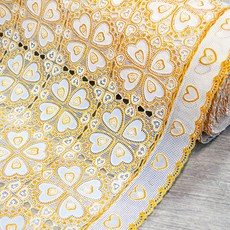 DEKOREA 北歐風格防水塗層蕾絲桌布 FL-2938BGH, 米金色愛心, 寬(49 cm) x 長(5 m)