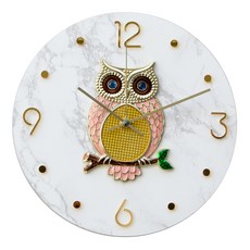 Regno 粉紅貓頭鷹靜音裝飾壁鐘, 白色 + 金色