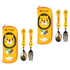 孩童動物印花湯匙+叉子+餐具袋, 獅子黃色款, 湯匙 2入+叉子 2入+收納盒 2入