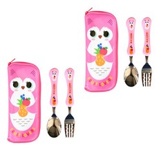 孩童動物印花湯匙+叉子+餐具袋, 貓頭鷹粉色款, 湯匙 2入+叉子 2入+餐具袋 2入
