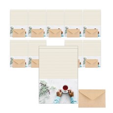 三個六點設計文具咖啡和鮮花 20p + 信封 10p 套組, 混色, 1套