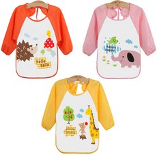 JOY MULTI 女童動物印花長袖防水圍兜 3件組, 隨機出貨, 3入