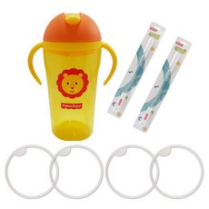 fisher-price 費雪 動物圖案吸管杯+吸管清潔刷 2入+密封圈 4入, 混色, 360ml, 1組
