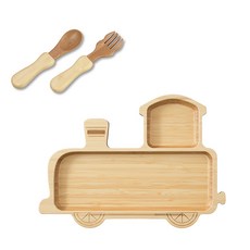 agney 木製火車造型餐盤餐具組, 混色, 木製餐盤+湯匙+叉子