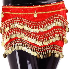 Belly批發3層天鵝絨臀圍巾 BDSP-1001, 紅+金